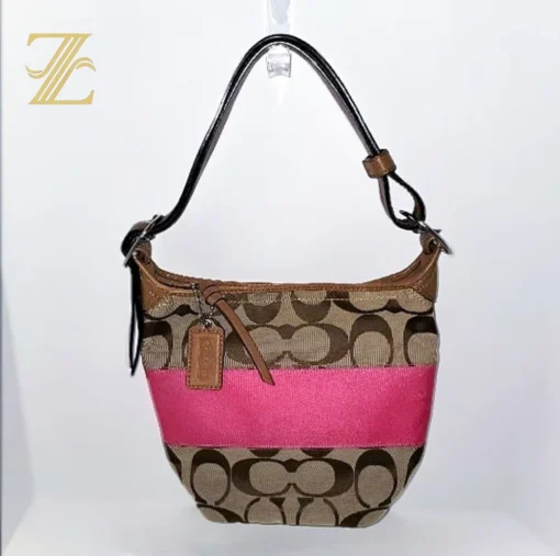 Coach Rugby Signature C Stripe Tan Beige Pink Purse Duffle Bucket Shoulder Bag